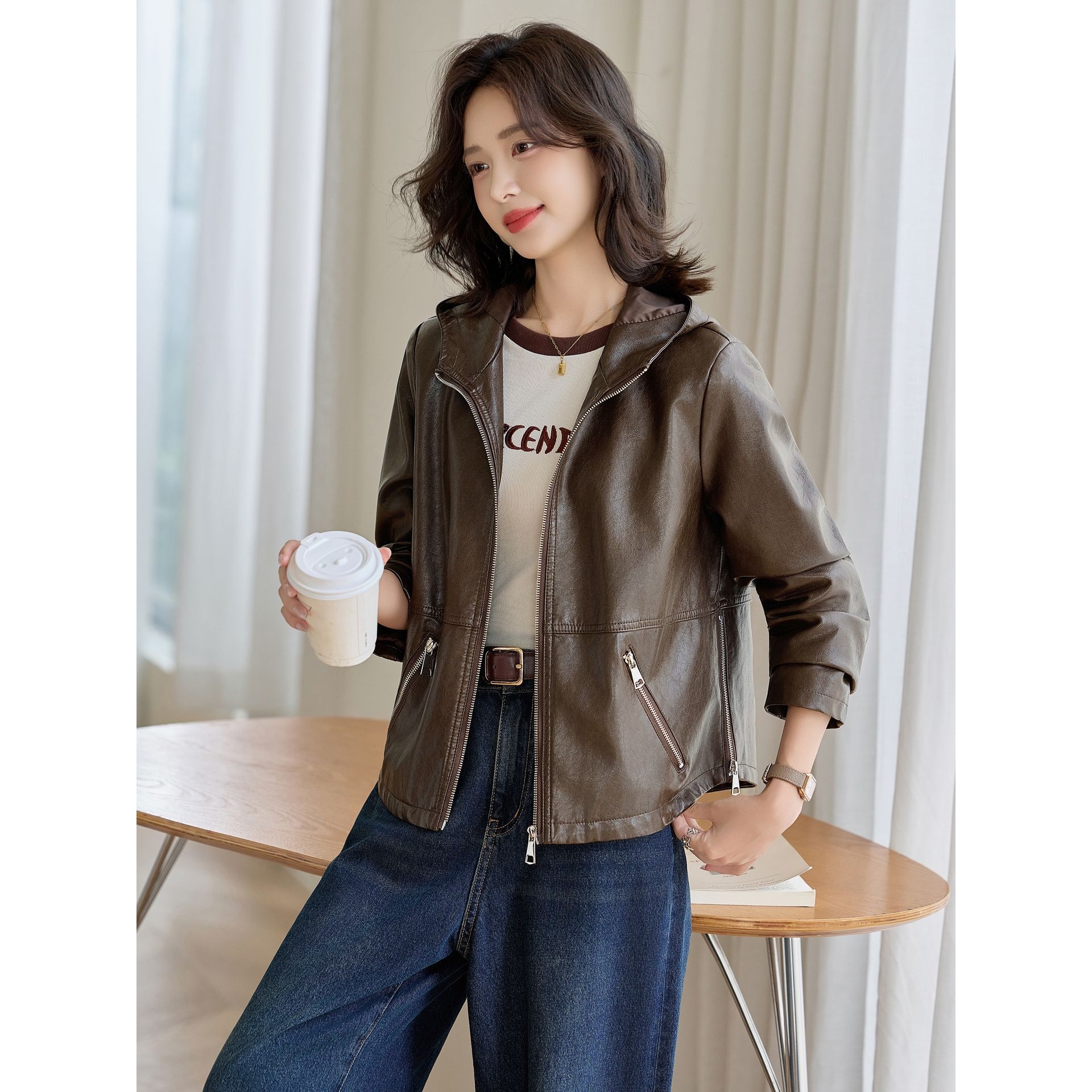 官网女装夏易菲2025秋新款皮衣女修身外套连帽中长款休闲宽松夹克