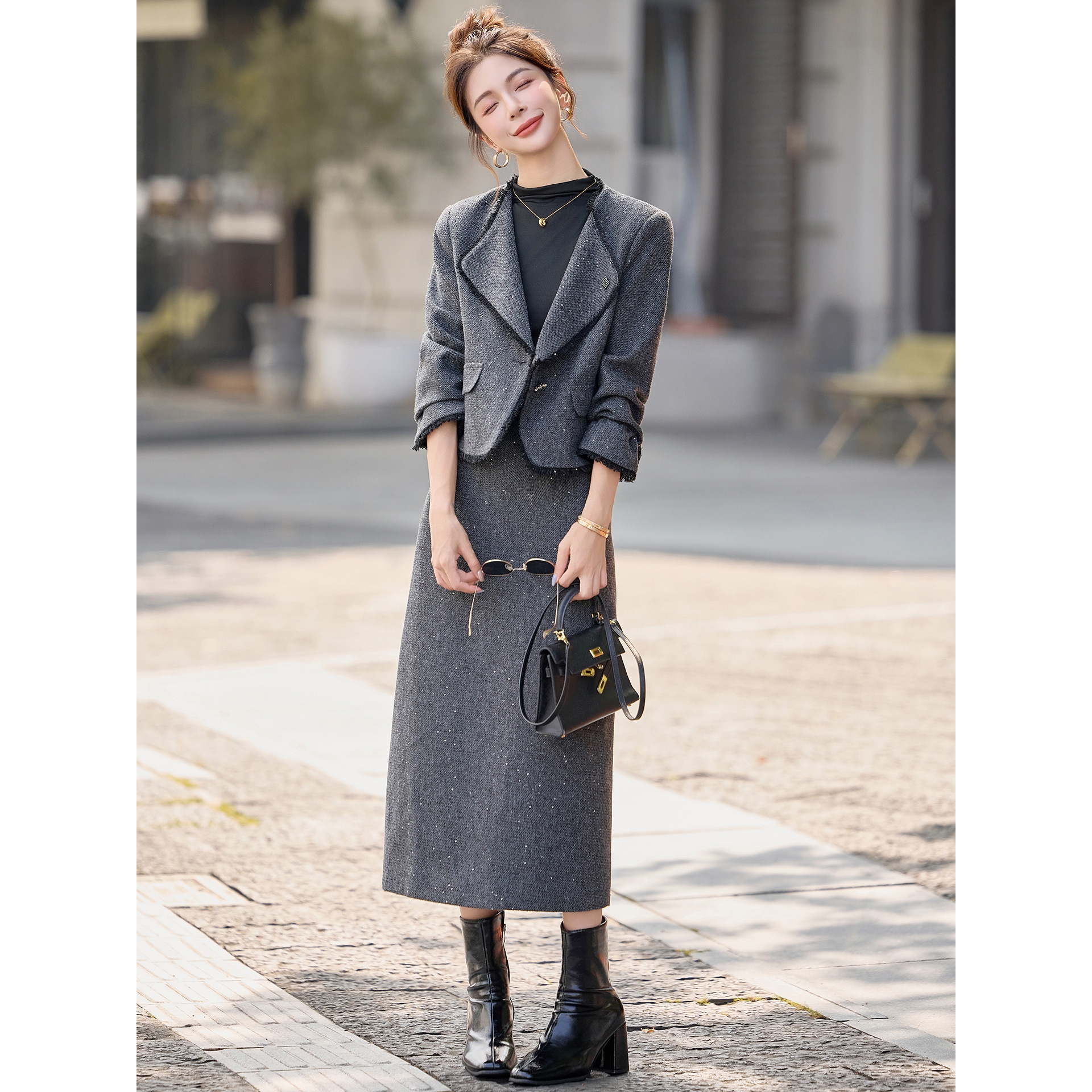 官网女装夏易菲时尚套装2025秋季新款高级感小香风气质外套半裙两