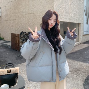 官网女装夏易菲浅蓝色格子拼接短版羽绒服外套女冬季2026新款设计