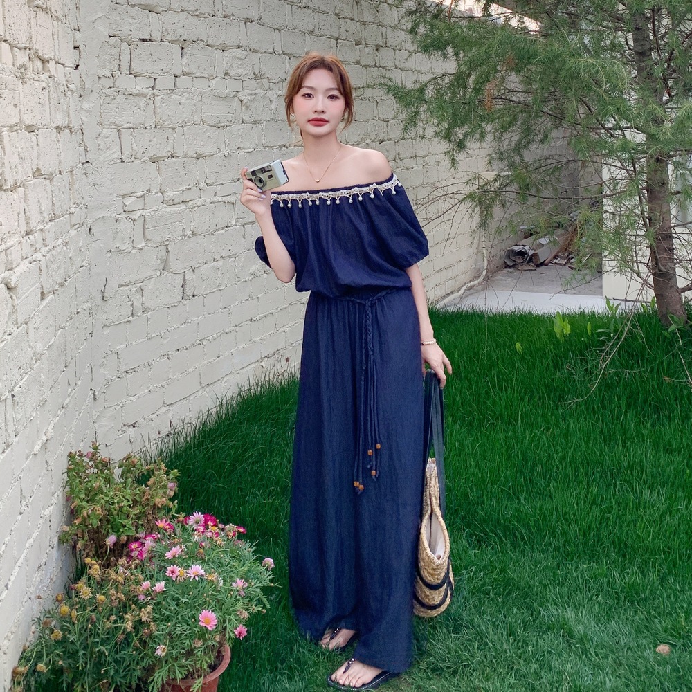 官网女装夏易菲实拍减龄流苏一字肩牛仔连衣裤2025新款时尚气质宽