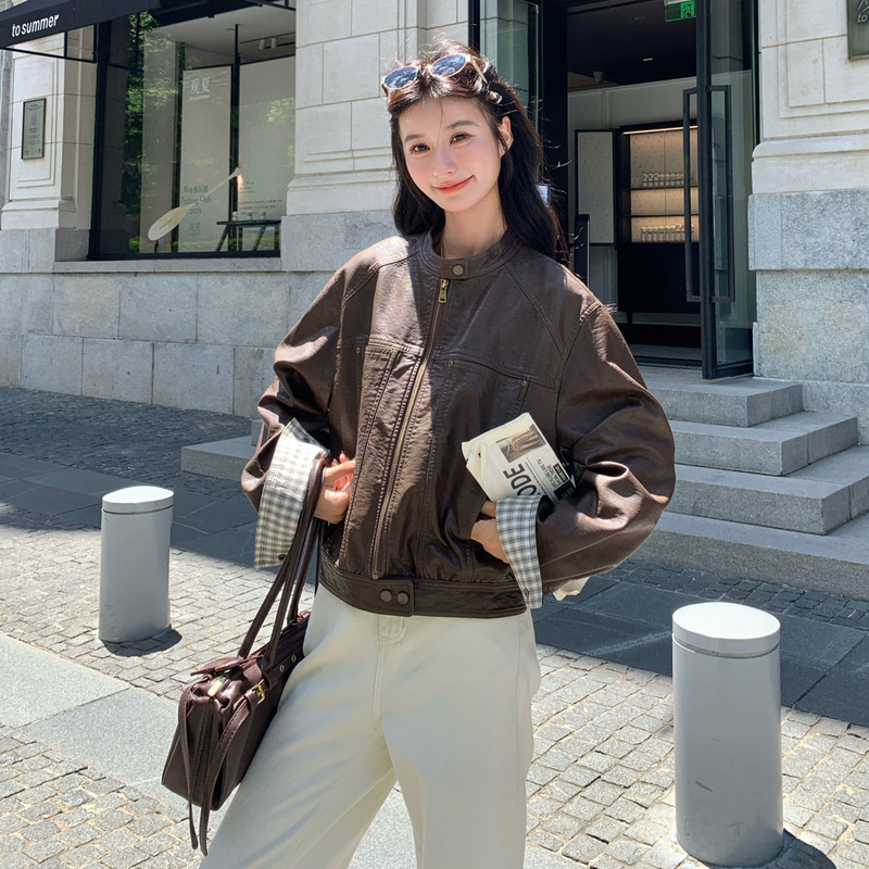 官网女装夏易菲实拍咖色立领皮衣外套2025秋款小个子酷飒风机车服