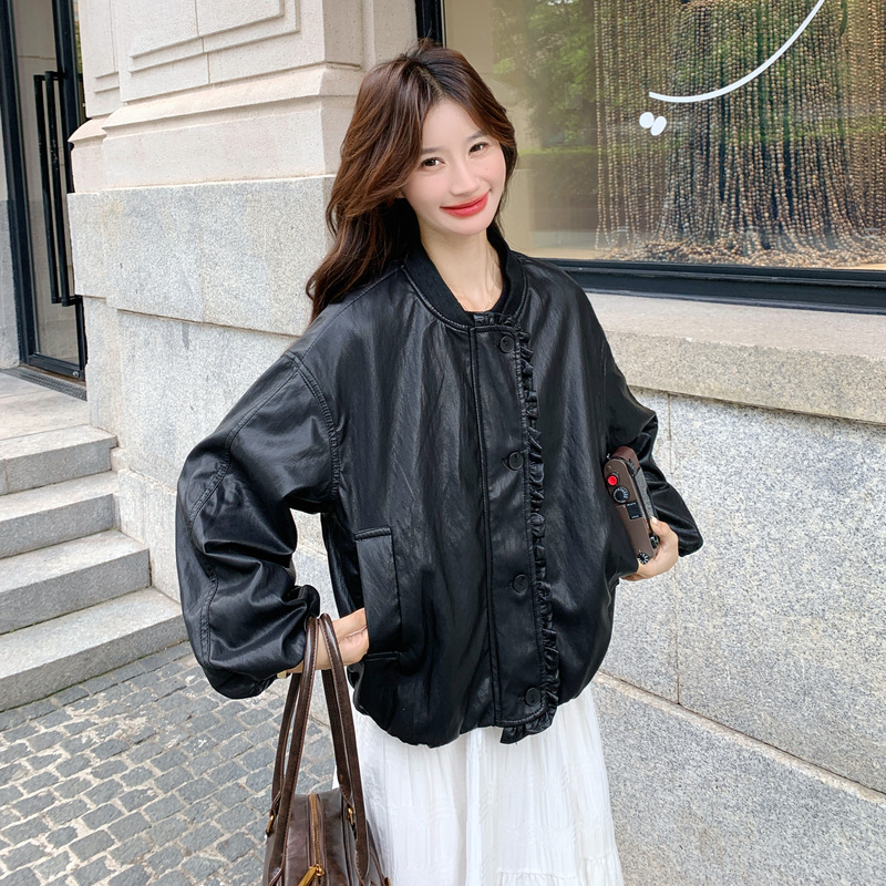 官网女装夏易菲实拍甜酷气质木耳边拼接皮衣外套2025秋新款百搭休