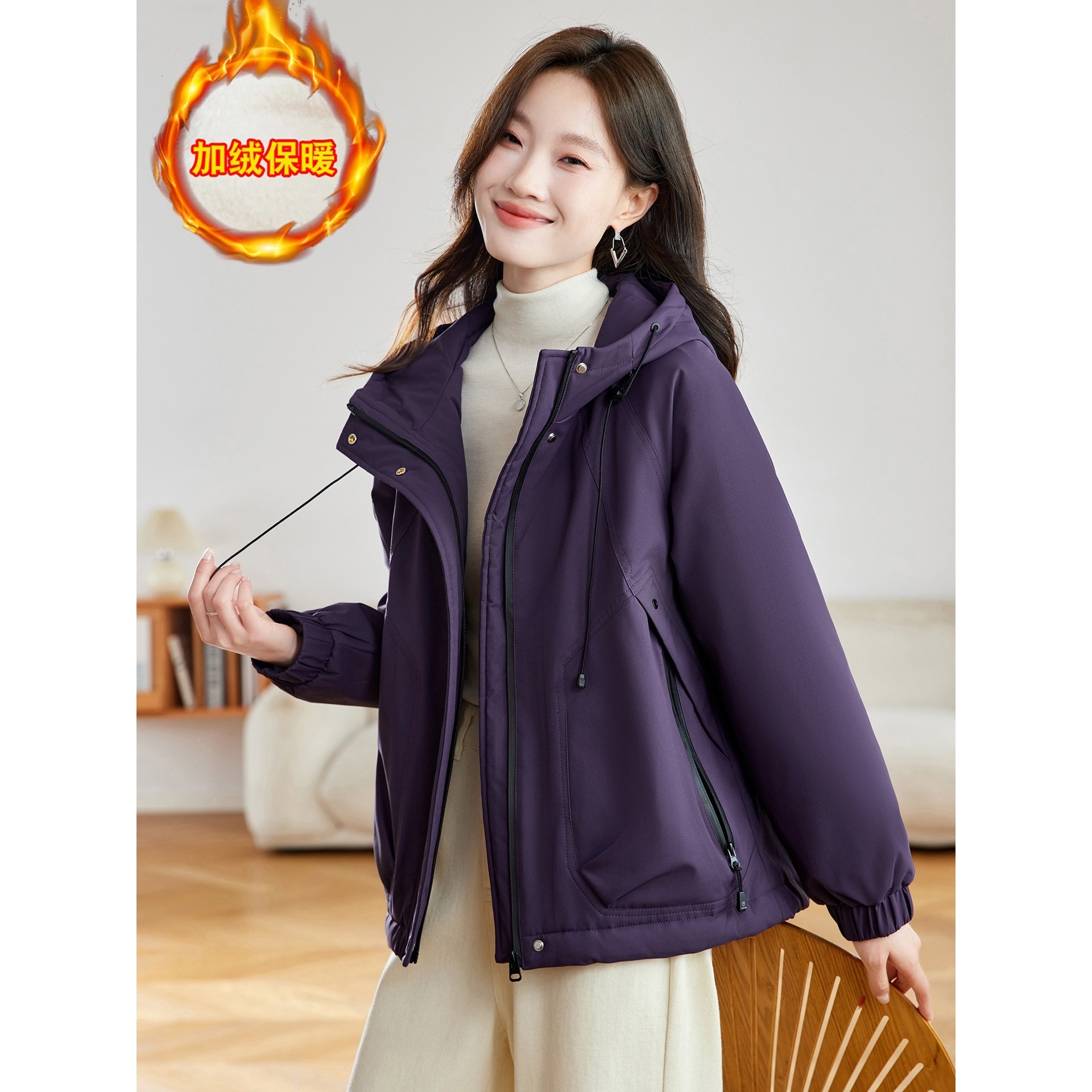 官网女装夏易菲2025秋冬季新款设计感宽松工装连帽加绒加厚保暖时