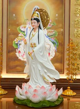 妙善观世音菩萨站莲 观世音菩萨神像家用供奉摆件空心汉白玉
