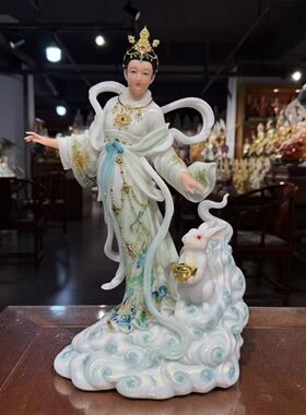 汉白玉嫦娥仙子神像广寒宫玉兔嫦娥奔月家用玄关高端工艺品摆件