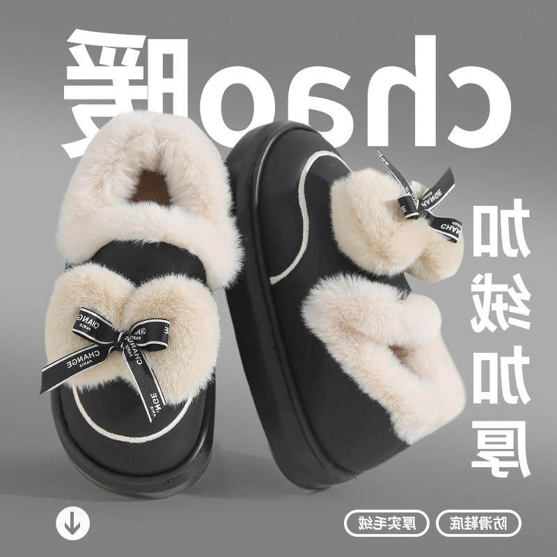 。加厚蝴蝶结防水皮拖棉拖鞋女士可爱毛毛拖鞋居家拖鞋松弛感ins