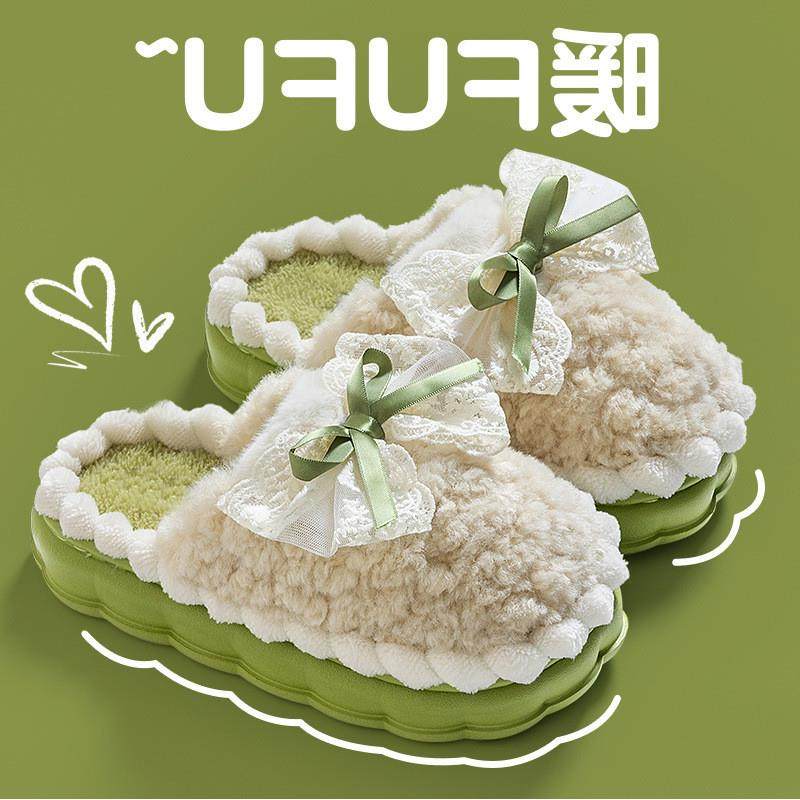 。2025新款冬季棉拖鞋毛绒女士室内家居加厚底防滑蝴蝶结毛毛鞋保