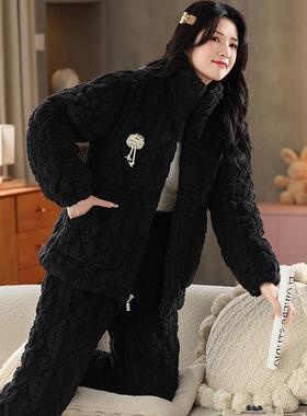 。女士睡衣冬季加厚加绒珊瑚绒三层夹棉袄大码套装法兰绒红色家居