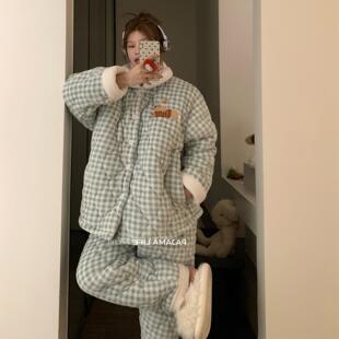 。超暖和可爱腊肠狗三层加厚铺棉睡衣女冬季珊瑚绒保暖家居服套装