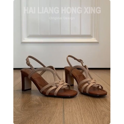 羊皮版~复古罗马粗跟凉鞋女气质百搭时尚法式方头露趾绝美高跟鞋