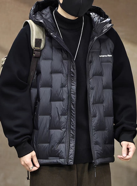 格子拼接连帽羽绒衣服男士冬季装大码刺绣90白鸭绒休闲羽绒外套潮