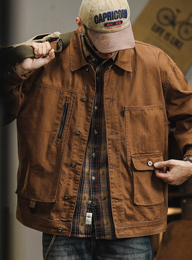 美式复古男装工装夹克男士翻领潮牌宽松纯棉硬汉猎装牛仔外套秋季