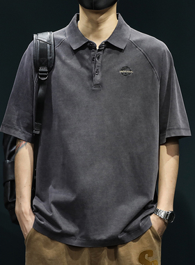 夏季高端纯棉POLO衫重磅短袖t恤男2025新款潮牌复古水洗大码体恤