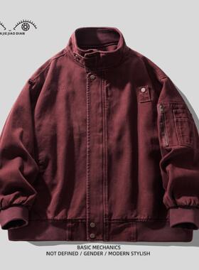 Greece深酒红复古重磅纯棉水洗工装外套男士春秋季美式休闲夹克男