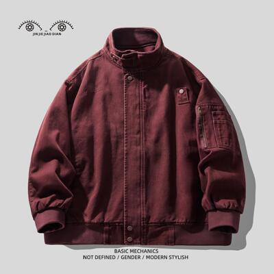 Greece深酒红复古重磅纯棉水洗工装外套男士春秋季美式休闲夹克男