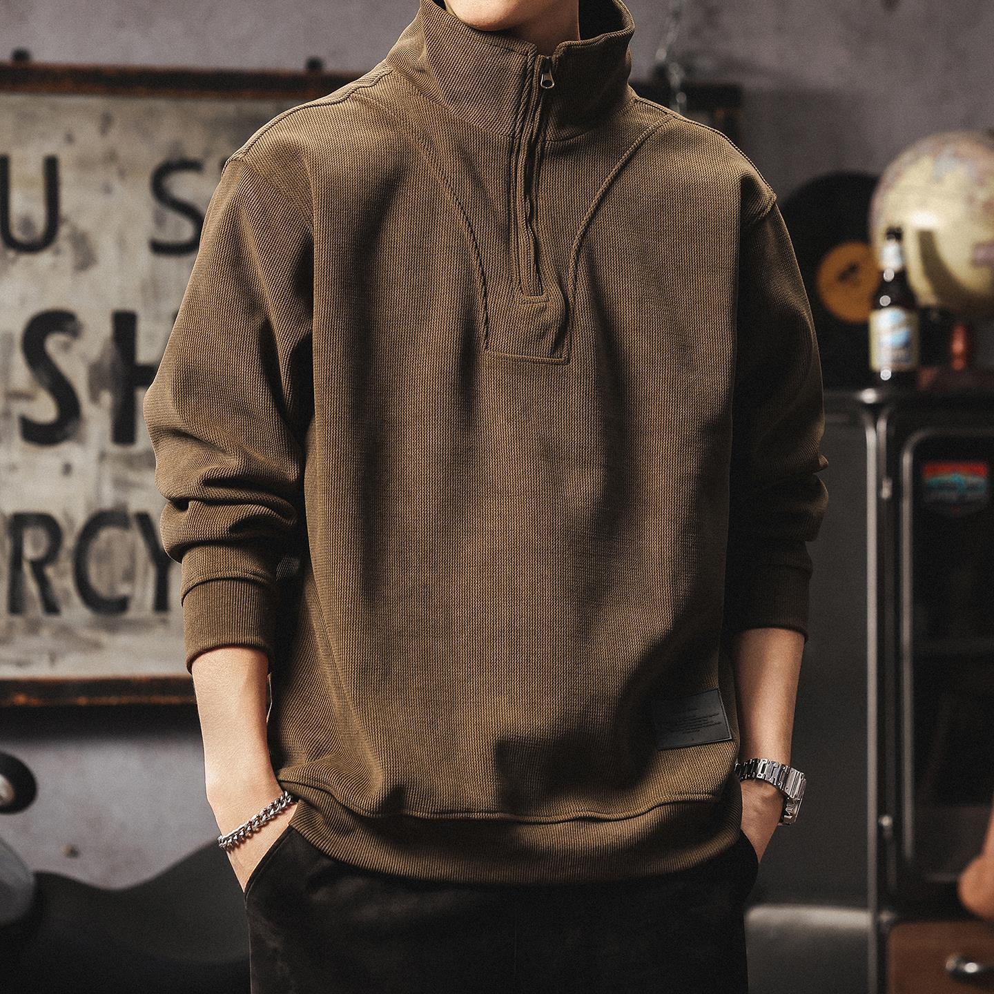 秋冬灯芯绒加绒卫衣男重磅立领半拉链上衣美式复古宽松男士外套潮