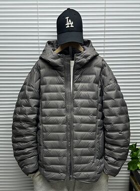 连帽压花白鸭绒羽绒服男士冬季装大码oversize轻薄保暖羽绒外套潮