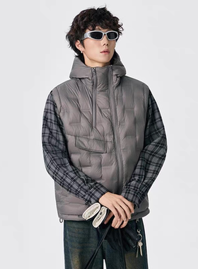 不对称格子连帽羽绒马甲男士冬季装大码青少年保暖无袖坎肩外套潮