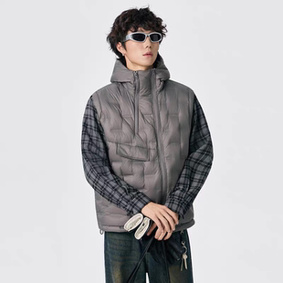 不对称格子连帽羽绒马甲男士冬季装大码青少年保暖无袖坎肩外套潮