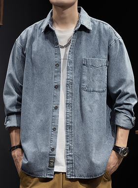 牛仔衬衫男士复古新款休闲工装外套2025年春季美式蓝色长袖衬衣寸