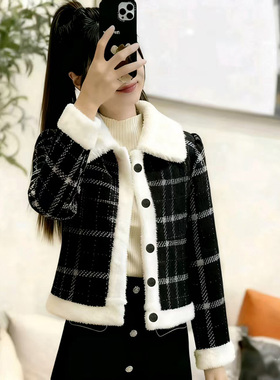 小香风加绒加厚红色外套女秋冬夹棉过年保暖韩系高级百搭格纹上衣