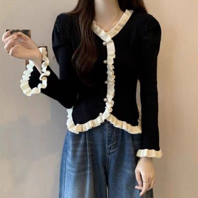 法式小香风花边拼接泡泡袖女