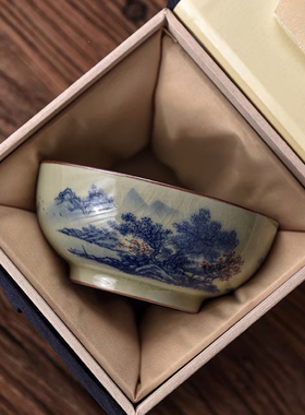 景德镇老陶泥普洱茶杯内绘山水主人杯家用功夫茶具青花釉下品茗杯