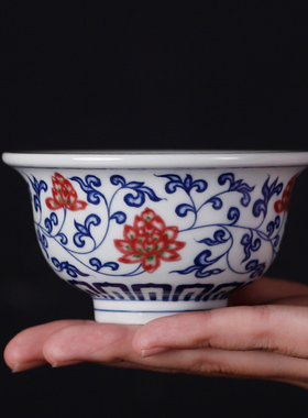 青花压手主人杯陶瓷家用仿古品茗杯茶碗景德镇釉里红缠枝莲压手杯