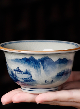手绘青花主人杯釉下彩手工绘画压手单杯景德镇老陶泥大号山水茶杯