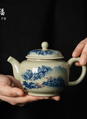 老陶泥德钟壶景德镇手工复古功夫茶具泡茶壶青花釉下彩大容量茶壶