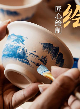釉下青花手绘山水主人杯景德镇老陶泥开片手工茶杯单杯家用品茗杯