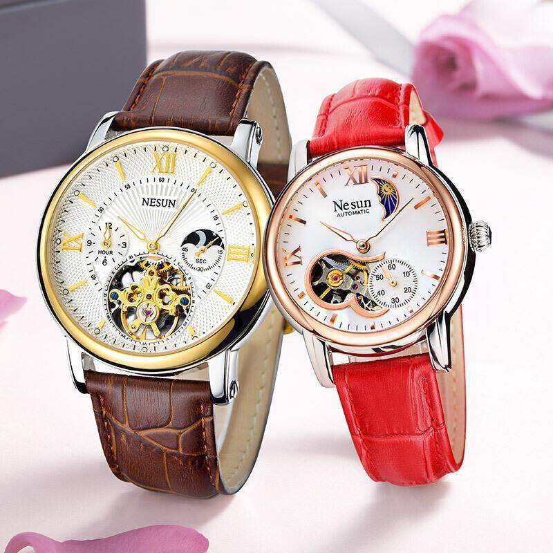 尼尚情侣手表镂空飞轮简约气质夜光全自动机械情侣表一对表男表女
