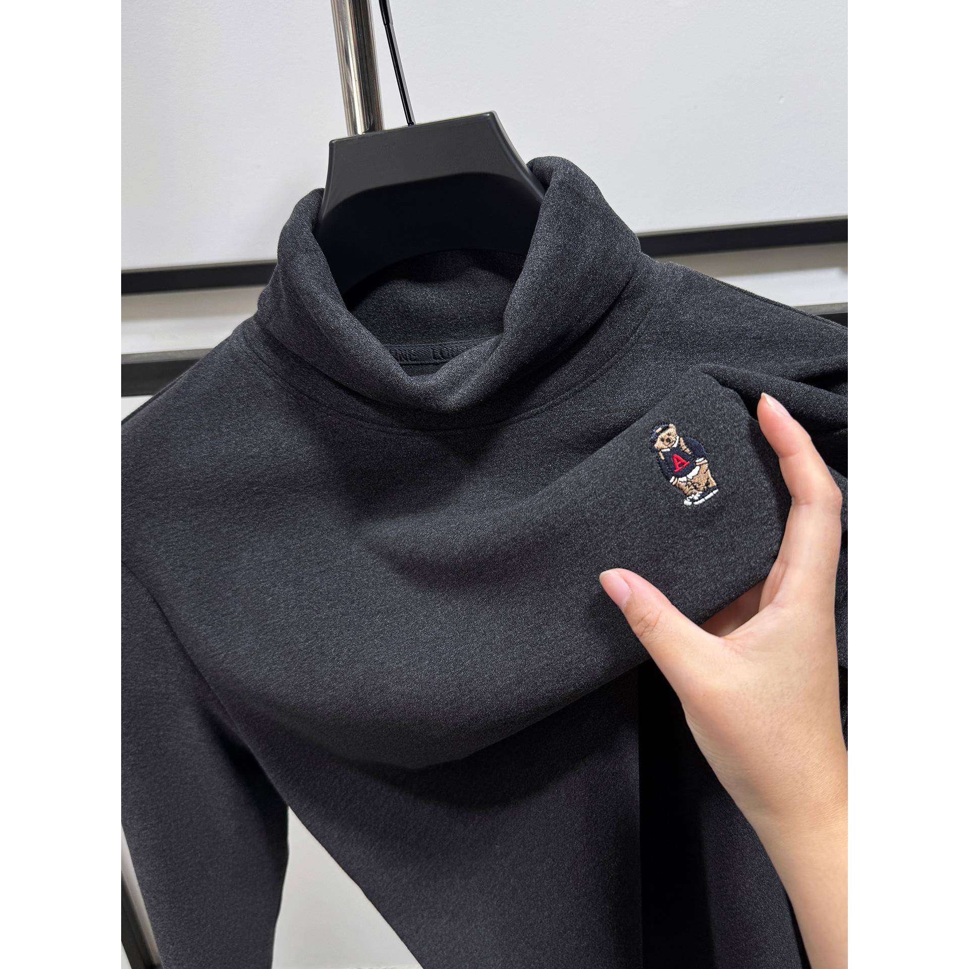 可翻高领双面德绒打底衫男冬季小熊刺绣内搭t恤长袖保暖磨毛上衣