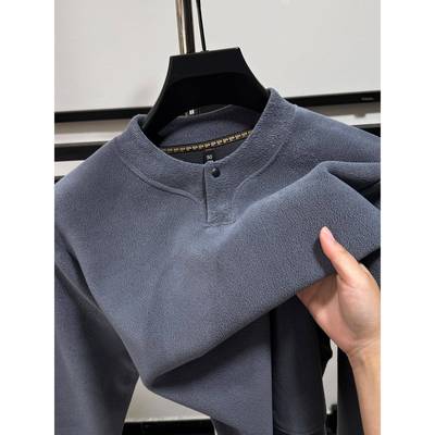 双面摇粒绒卫衣男加绒加厚冬季休闲保暖上衣亨利领暗扣套头打底衫