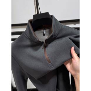 高端磨毛加绒长袖t恤男秋冬季保暖双面绒卫衣男款半拉链立领上衣