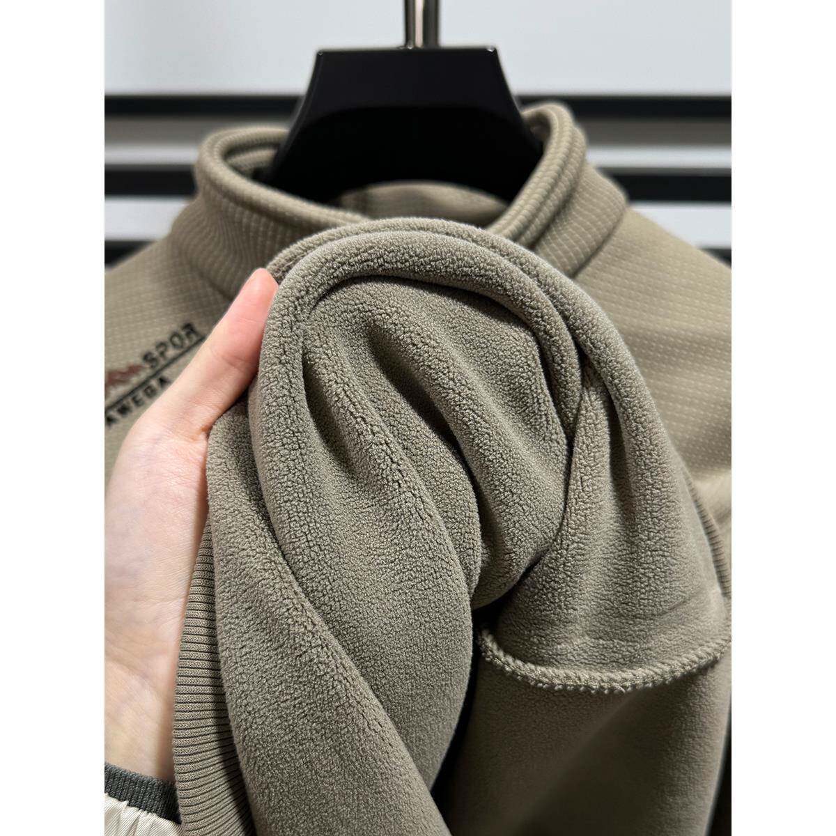 加绒加厚半拉链卫衣男秋冬季休闲立领华夫格打底衫长袖内搭上衣潮