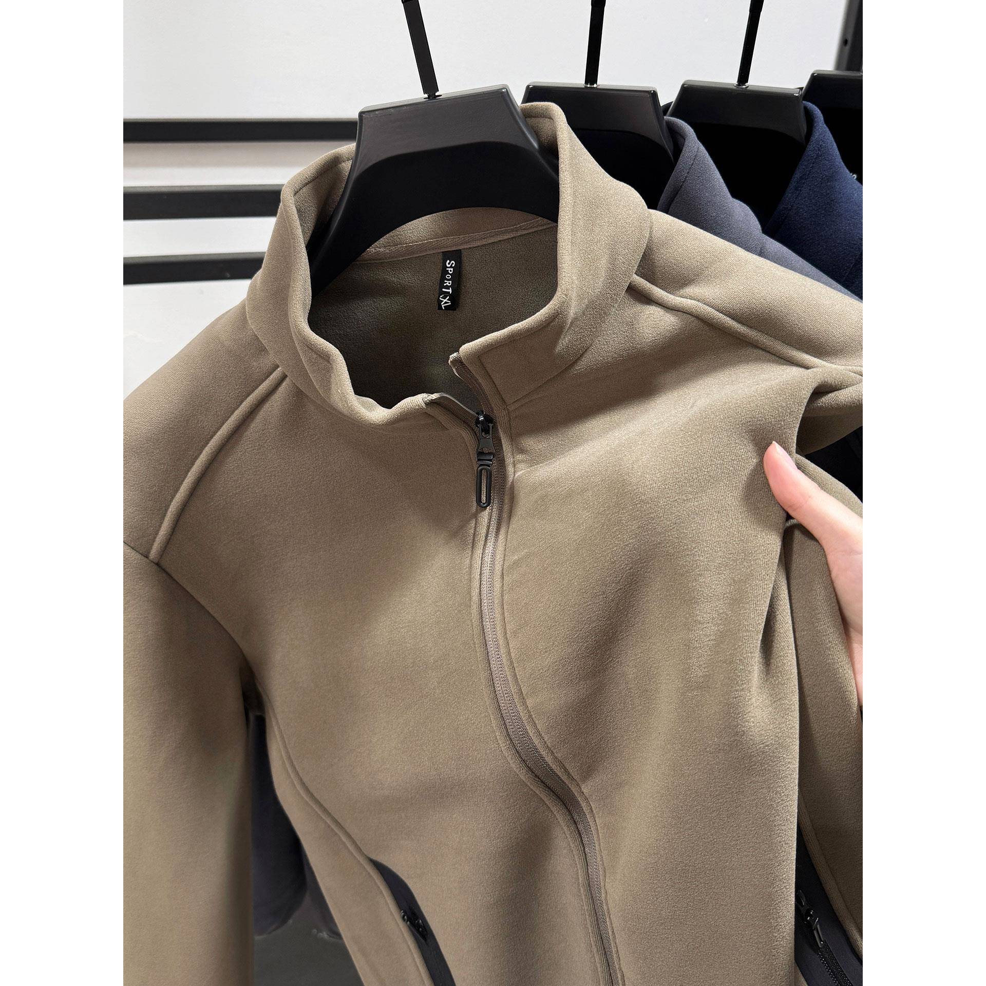 多口袋奥粒绒夹克男冬季休闲运动加绒加厚开衫男柔软立领卫衣外套