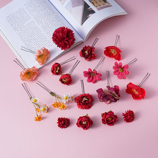 仿真花花朵头饰新娘发夹 森系簪花发饰头花 古装汉服假花鲜花头花