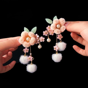 儿童头饰发夹 宝宝汉服毛球绿叶绒花发饰 女宝夹子