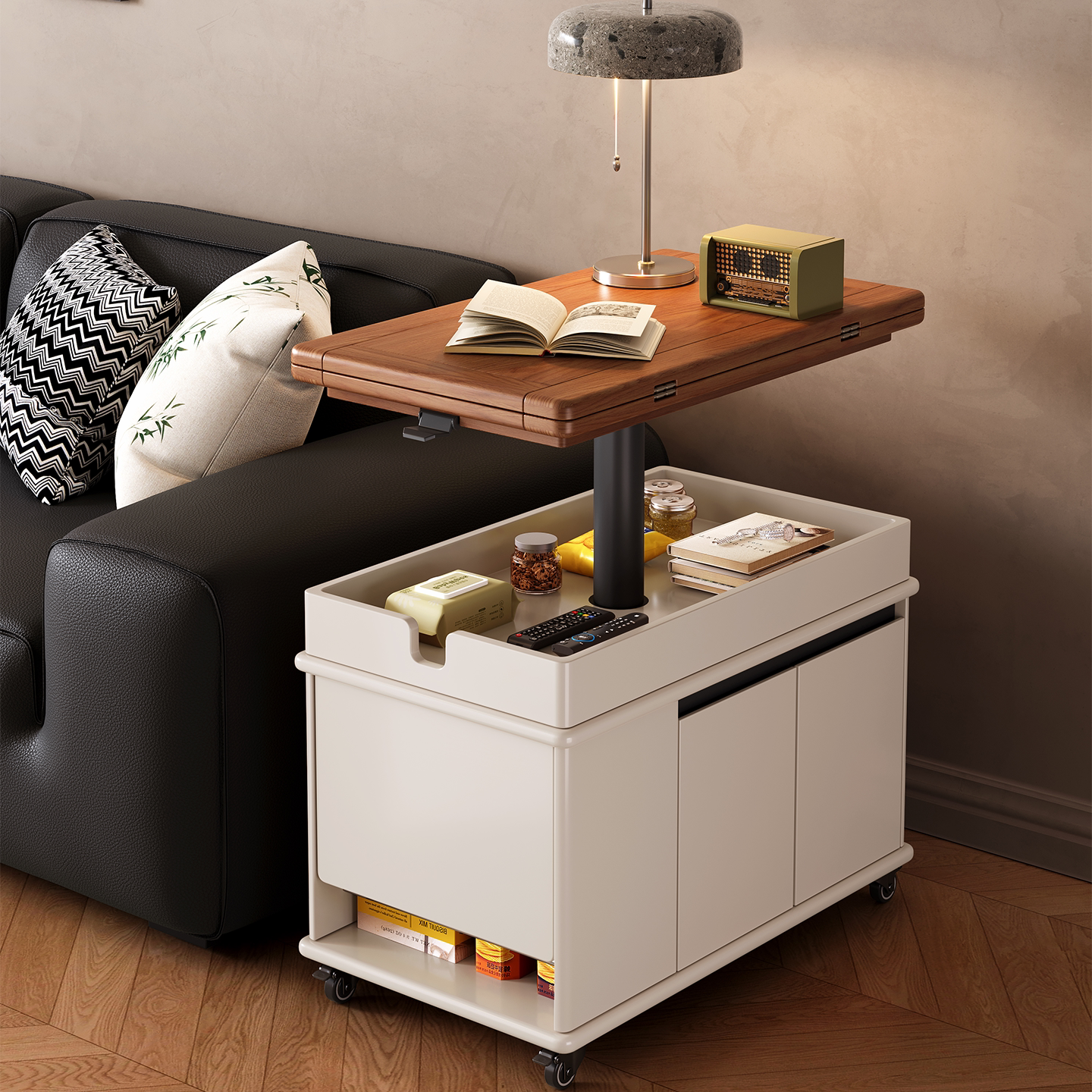 沙发边柜旋转折叠茶几可升降小户型中古风客厅2026新款移动边几