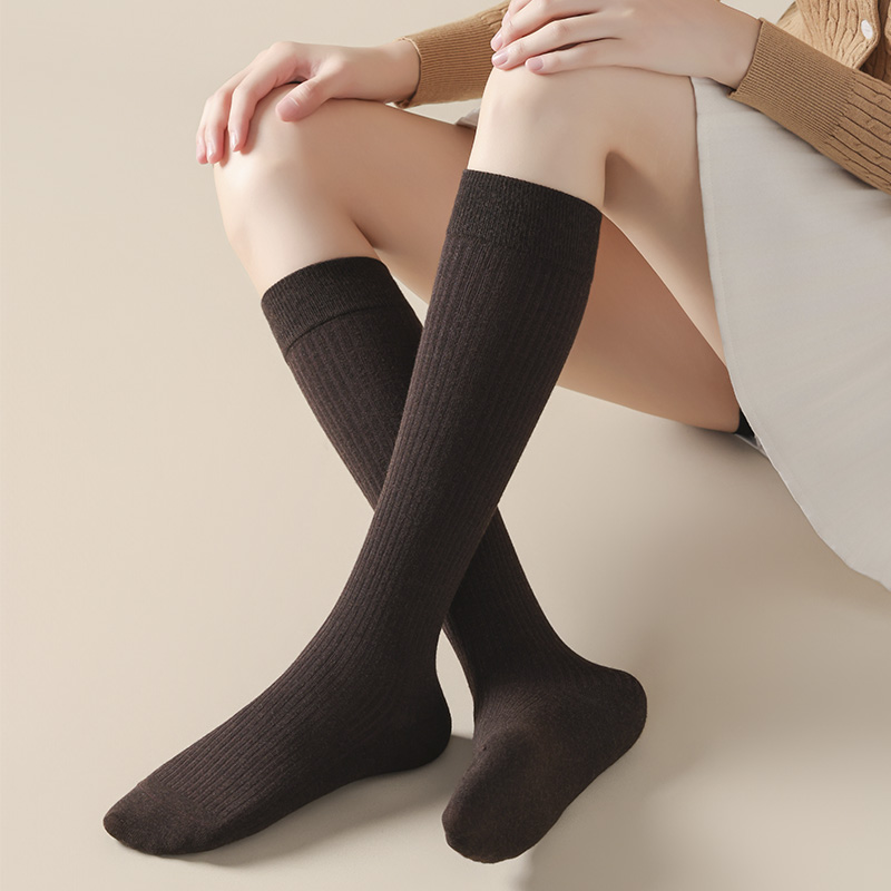 抽条羊毛小腿袜子女保暖厚高筒长筒袜冬季纯色长袜及膝袜配靴子