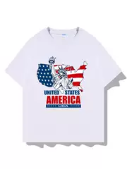 American Flag and Statue of Liberty Themed Pure Cotton Summer Short-Sleeve T-Shirt, Cultural Shirt