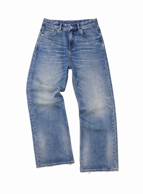 E86BRAND 洗水复古做旧破坏水洗猫须压褶纹理牛仔裤