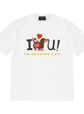E86BRAND 情侣同款中性卡通腊肠小狗印花宽松纯棉短袖
