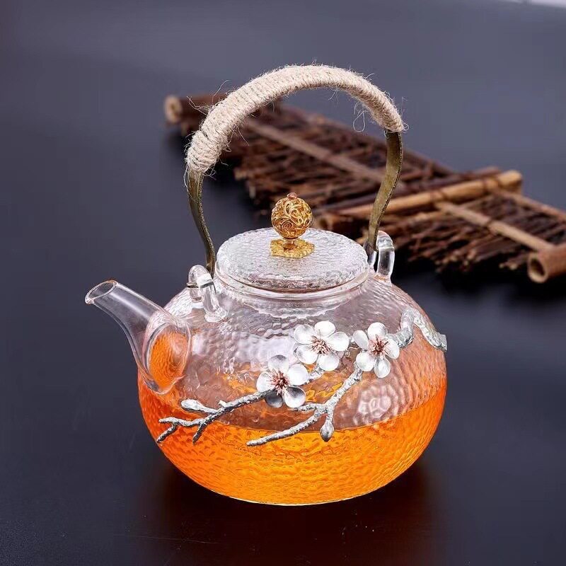 加厚耐高温全玻璃烧水壶锤纹提梁壶电陶炉加热茶壶套装家用煮茶器