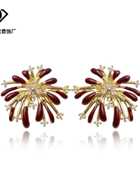 法式港风酒红色烟花锆石耳钉女轻奢小众设计高级感时尚气质耳环饰