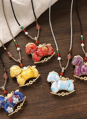 双面宋锦小马吊坠新中式国风长款手工毛衣链挂绳女复古项链配饰品