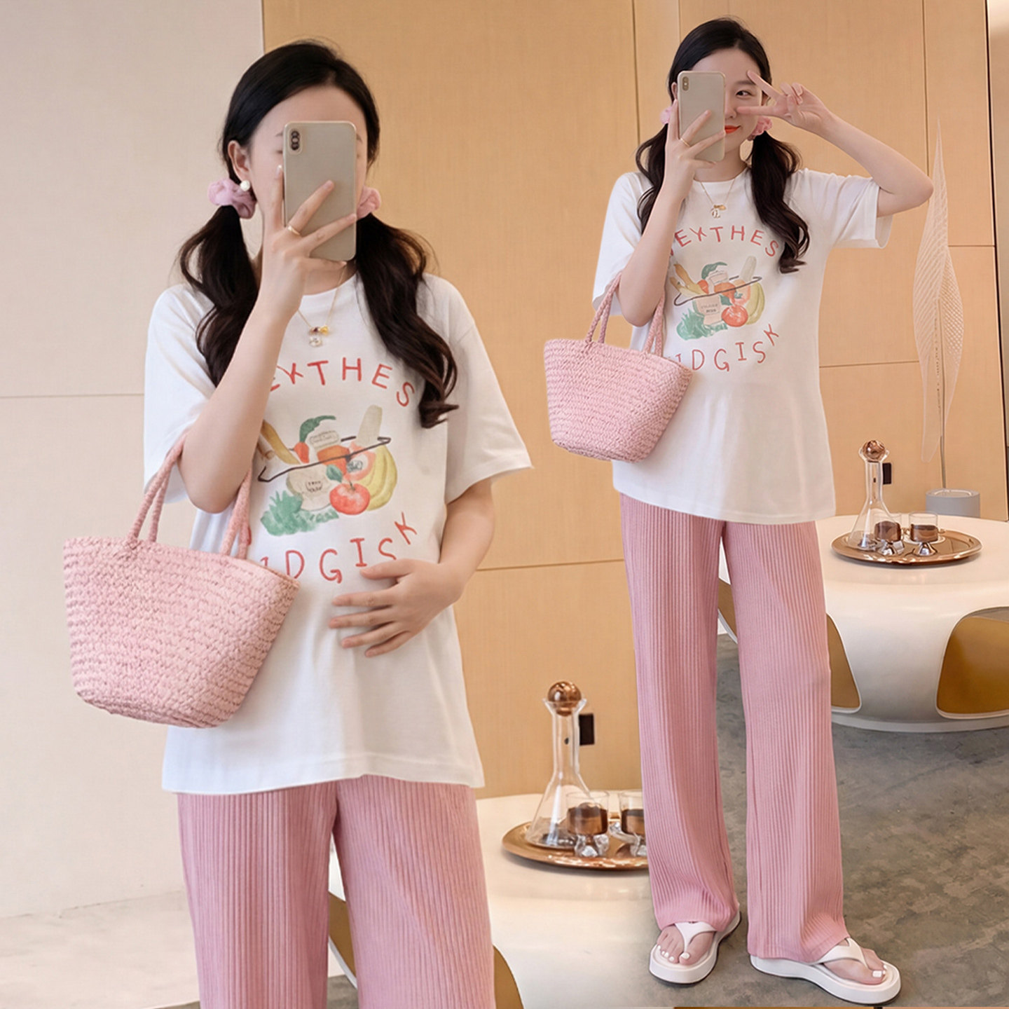 86388+511#孕妇装夏季新款休闲套装时尚印花纯棉短袖上衣+冰丝裤