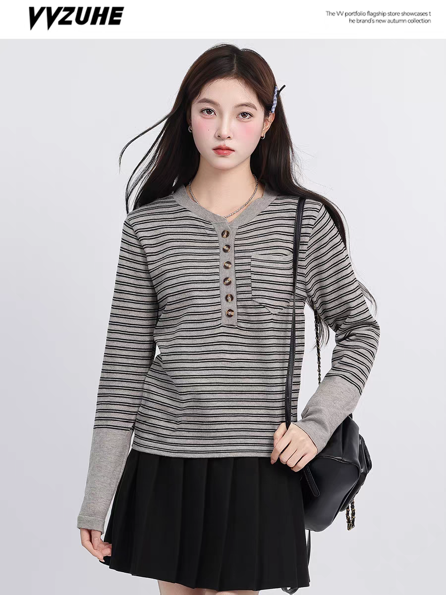 【小乐专享】包芯纱条纹正肩针织衫长袖t恤女半开领秋季拼接上衣