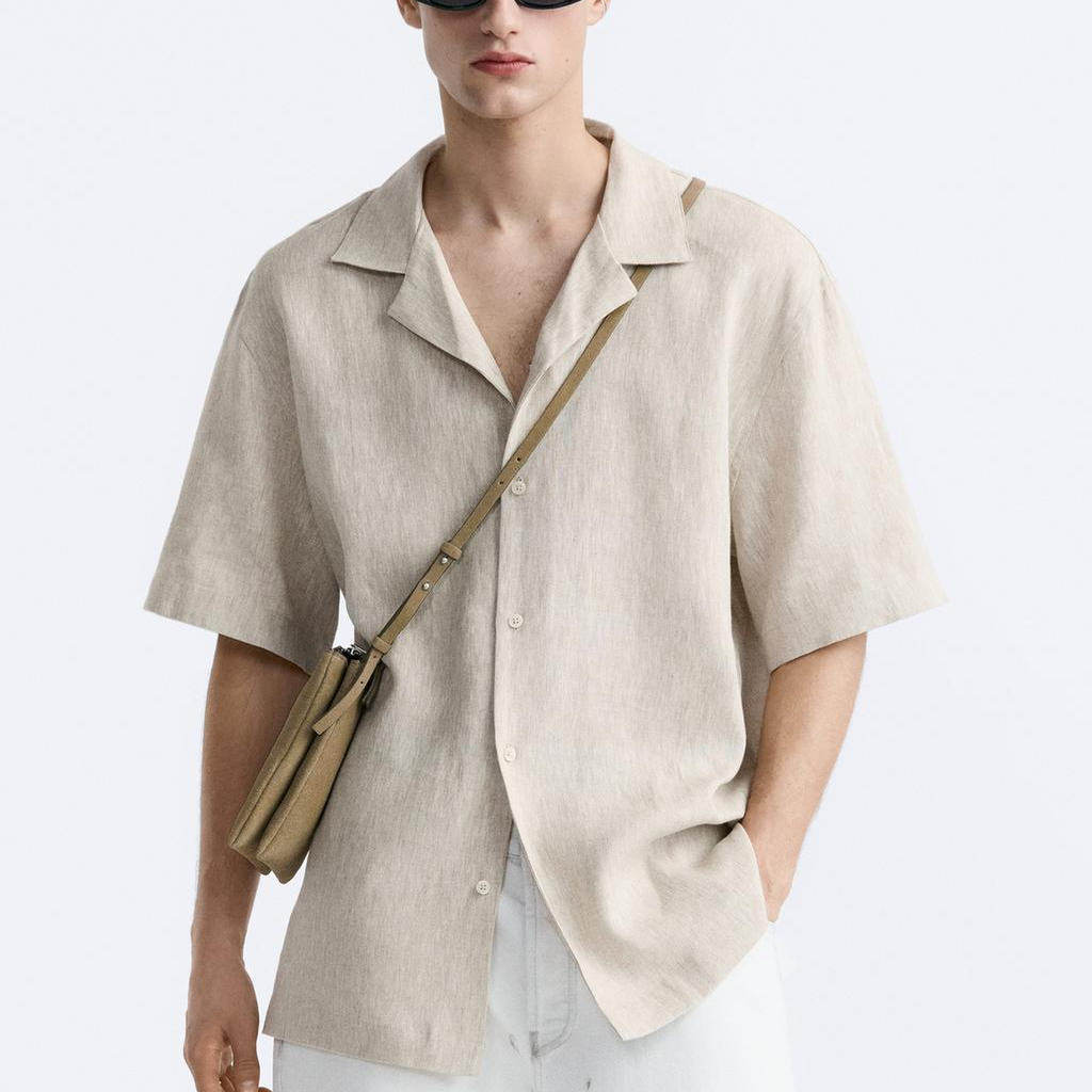2024夏季新款男装米色亚麻宽松休闲短袖衬衫文艺复古3090200 052